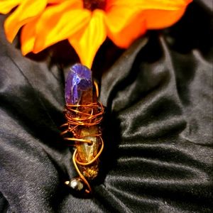Rainbow(blue,gold) quartz wrapped copper ring adjustable handmade hematite